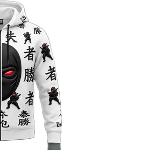 Dark Ninja All White Hoodie with Unique Ninja Graphics and Kanji Text for Stylish Comfort
