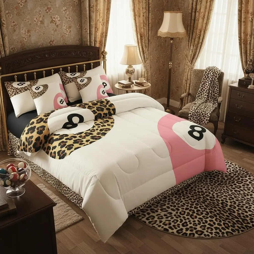 Feelyou 7-Piece Billiards Bedding Set - Brown Leopard Cheetah Animal Print, Breathable Microfiber Cloth, High Tenacity, Multi-Size (Comforter, Fitted Sheet, Flat Sheet, Pillowcases), Breathable Cloth, Bedding Sets, Comforter Set King