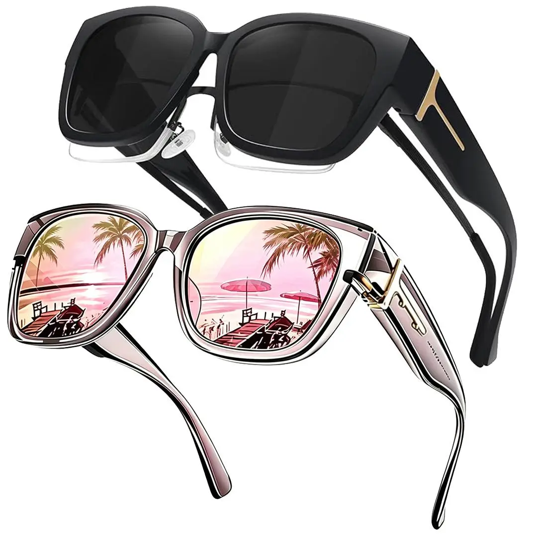 2Pcs / Black Frame Gray Lens+Clear Grey Frame Pink Mirrored Lens