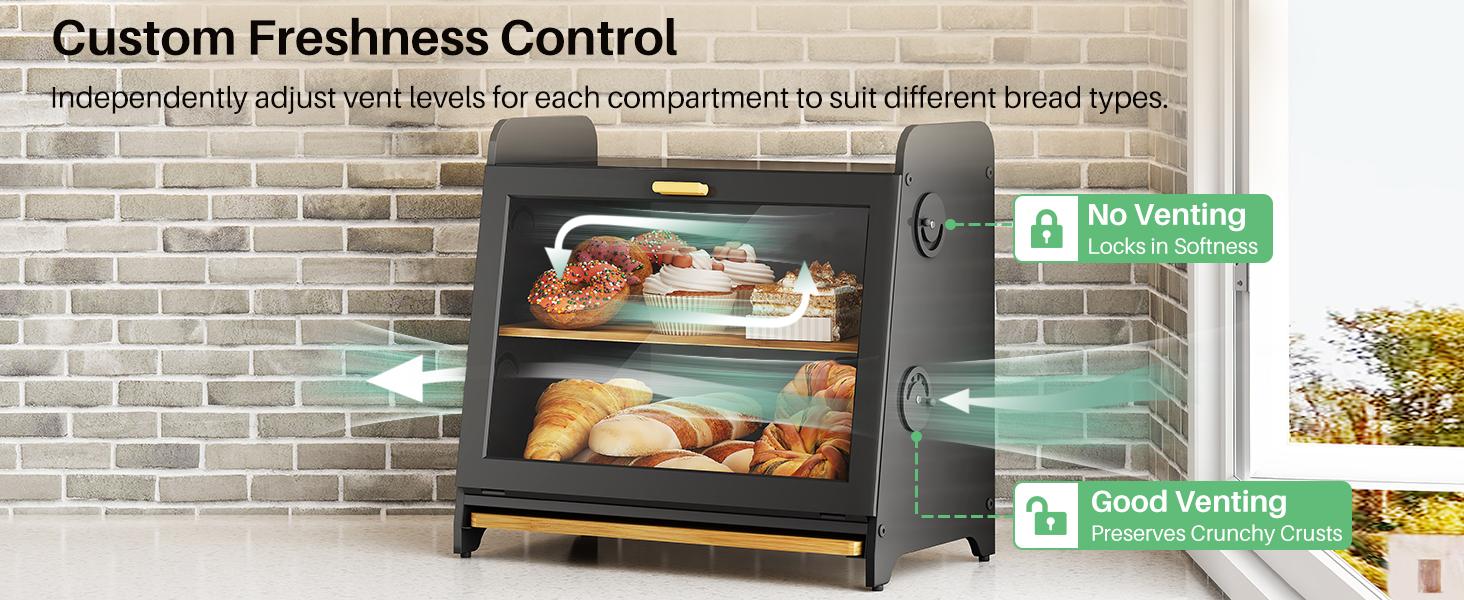 SNTD Bread Box for Kitchen Countertop, Airtight Homemade Bread Storage Container with Adjustable Vent Holes, Bamboo Cutting Board