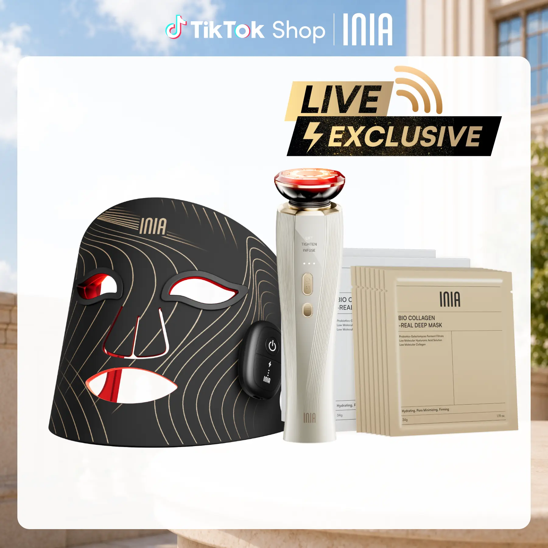 【LIVE EXCLUSIVE】INIA GLOW Wireless LED Mask, Perfect Gift Season Pick,  Live Stream Only BUY 1 GET 10 with FLARE and 8pcs Collagen Real Deep Mask