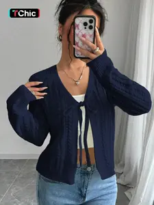Casual French Style Multi-Way Tie-Front Bowknot Embossed Wheat Ear Pattern Long Sleeve Cardigan Sweater , Suitable for Spring and Fall Fashion