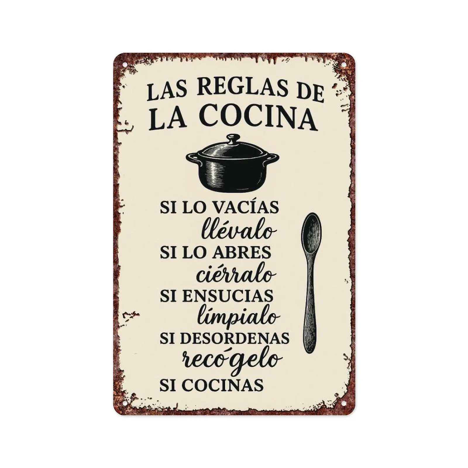 1pc Aluminium "Las Reglas De La Cocina (Kitchen Rules)" Metal Sign, Home Decor Products, Stylish Novelty Metal-Toned Plaque, 12x8 in Wall Decor for Bar, Office