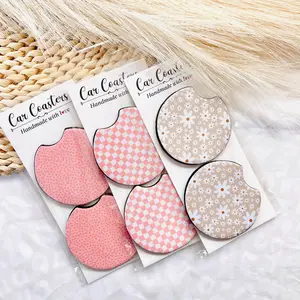 Car Coasters | Set Of 2 Car Floral Coaster | New Vehicle Gift | Cute Car Accessory | Preppy Retro Daisy Smile Checker cupholder daily use round Decoration