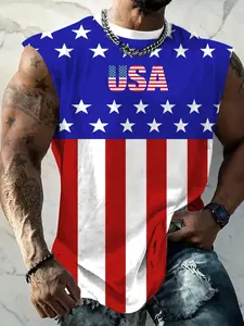 Men's American Flag Sleeveless Patriotic T-Shirt, Blue Stars, Lightweight Summer Shirt, Perfect for July 4th BBQ Parade Casual Round Neck Top