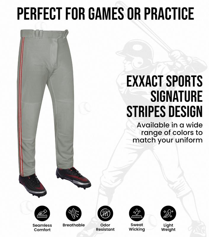 Exxact Sports Proline Full Length Baseball Pants Youth & Adult with Stripes, Relaxed Fit Open Bottom Men/Boys Baseball Pants (Grey/Red)