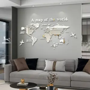 Bohemian Style Acrylic Wall Decoration - "World Map" with Airplane and Compass, 1mm thick, Adhesive Backing