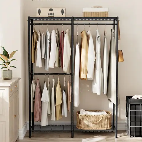 SONGMICS Heavy-Duty Metal Frame Rectangular Clothing Rack Organizer, Freestanding Wardrobe Closet with Adjustable Shelf, Hanging Rods, Dividable Design, Easy Setup Bedroom Furniture for Storage Organization