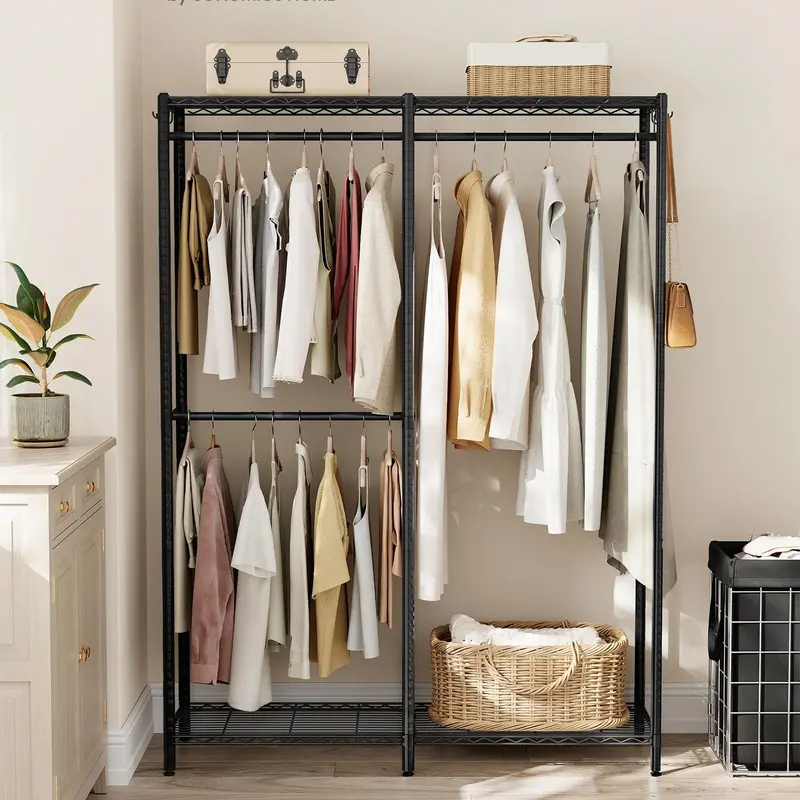 SONGMICS Heavy-Duty Metal Frame Rectangular Clothing Rack Organizer, Freestanding Wardrobe Closet with Adjustable Shelf, Hanging Rods, Dividable Design, Easy Setup Bedroom Furniture for Storage Organization