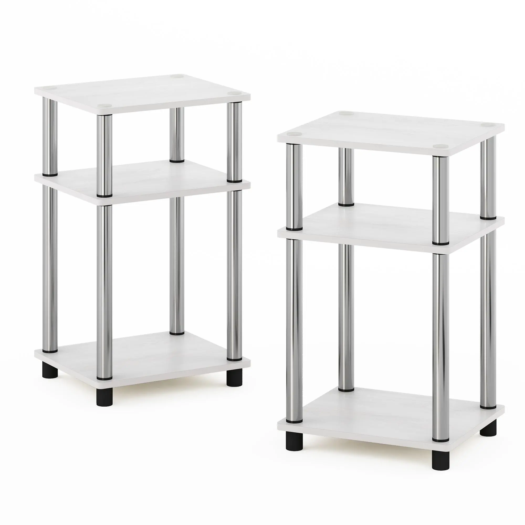 Indoor 2-Piece White Oak Clean Aesthetic Corner Side Tables, 3-Tier Engineered Wood Shelves, Metal Frame Stainless Steel Legs Rounded Corners, 13.4(w)x11.5(d)x22.8(h) inches, Holds 15lbs/Tier, Tool-Free Low Assembly Required for Small Spaces