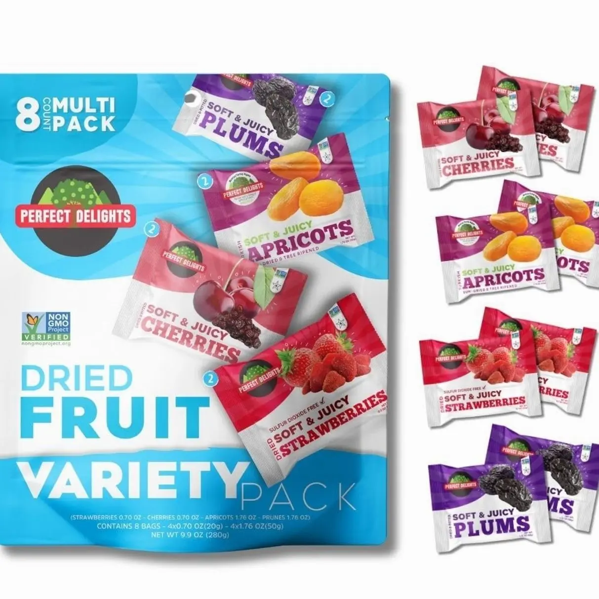 Perfect Delights Multipack Sun-Dried Fruits, Vegan, Healthy Snack Packs, Dried Fruits On-the-Go, Variety Fruit Pack For Kids & Adults, Apricots, Plums, Sour Cherries, Strawberries (8 Pack/ 2 of Each)