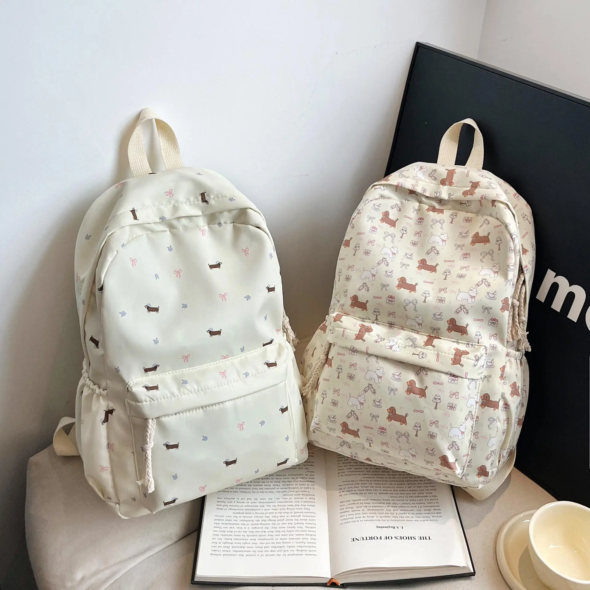 Japanese Cute Floral Blue Cap Dachshund Dog Backpack for Students