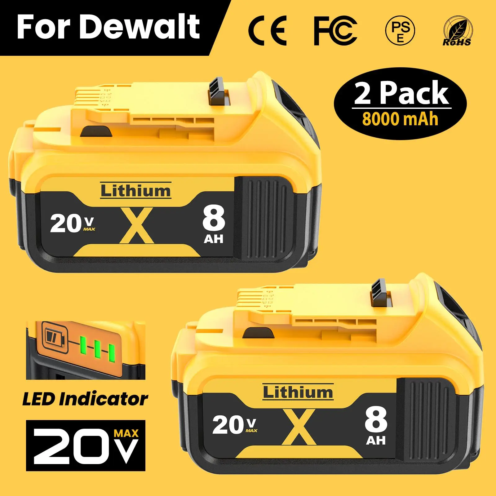 TikTokShopRestock 2Pack 8.0Ah Lithium Replacement for Dewalt 20V Battery Max XR Cordless Tools DCB180 DCB205 DCB206 DCB206-2 DCB200 DCB204 DCB204BT-2