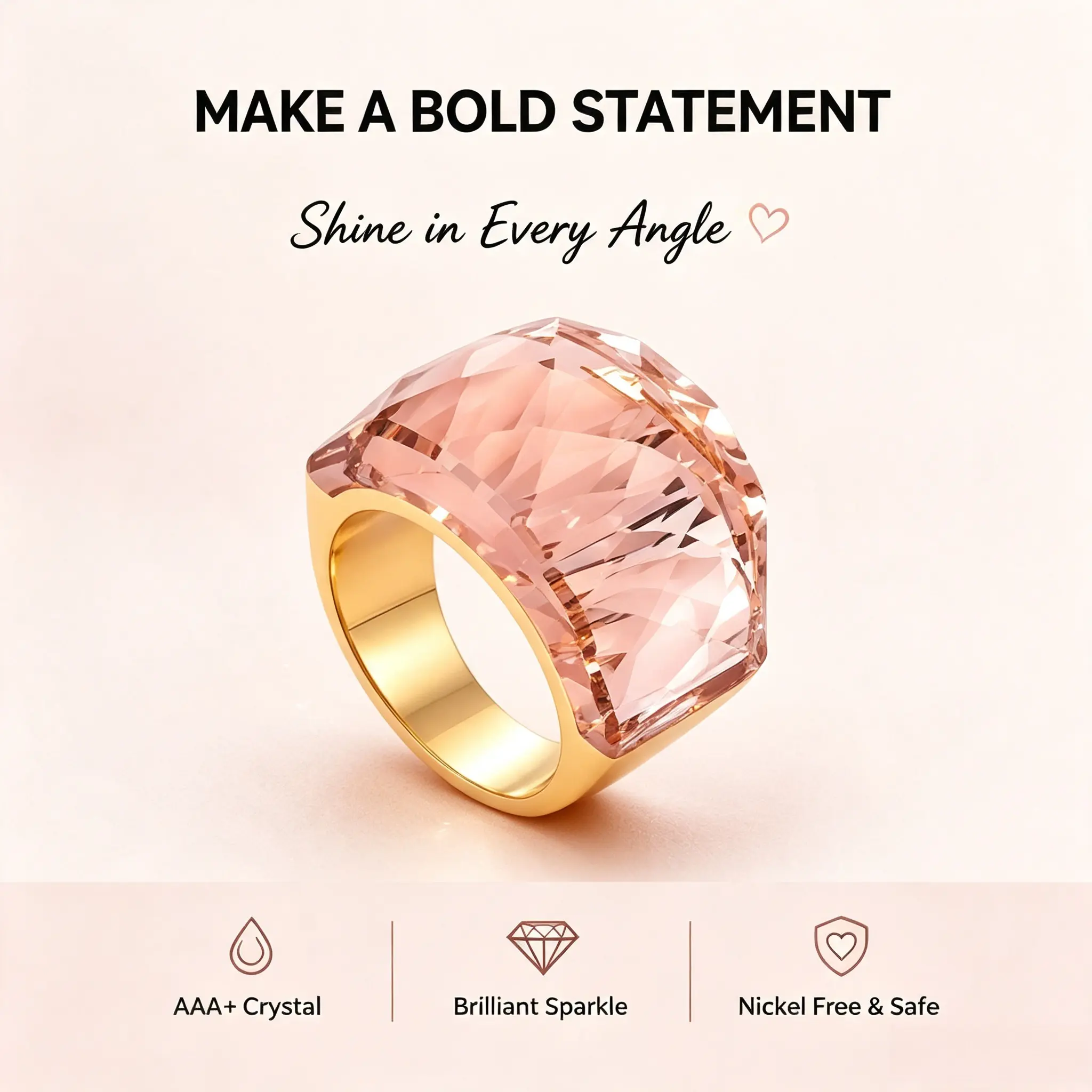 Women's Pink Crystal Statement Ring - Large Faceted Sparkle Gemstone, Gold-Tone Fashion Accessories, Elegant Gift for Women