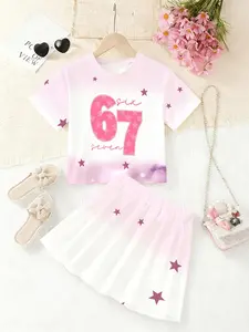 Girls' Summer Casual Set, 2-Piece with 3D Printed Round Neck Top & Short Skirt, Comfortable Fashion Wear for Girls