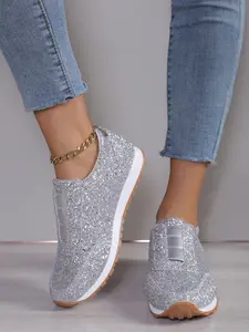 Women's Shiny Sequin Flat Sneakers, Low Top Casual Shoes, Slip-On Style for All Seasons, Perfect for Daily Wear