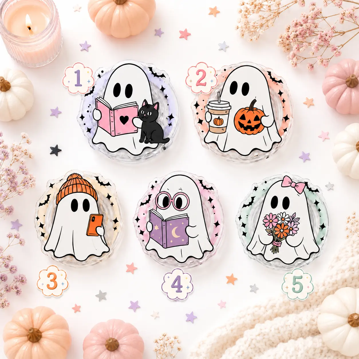 Spooky Ghost Phone Grip Cute Halloween Clear Dome Kawaii Book Lover Reader Stand Holder Universal Fit Fall Cozy Gift