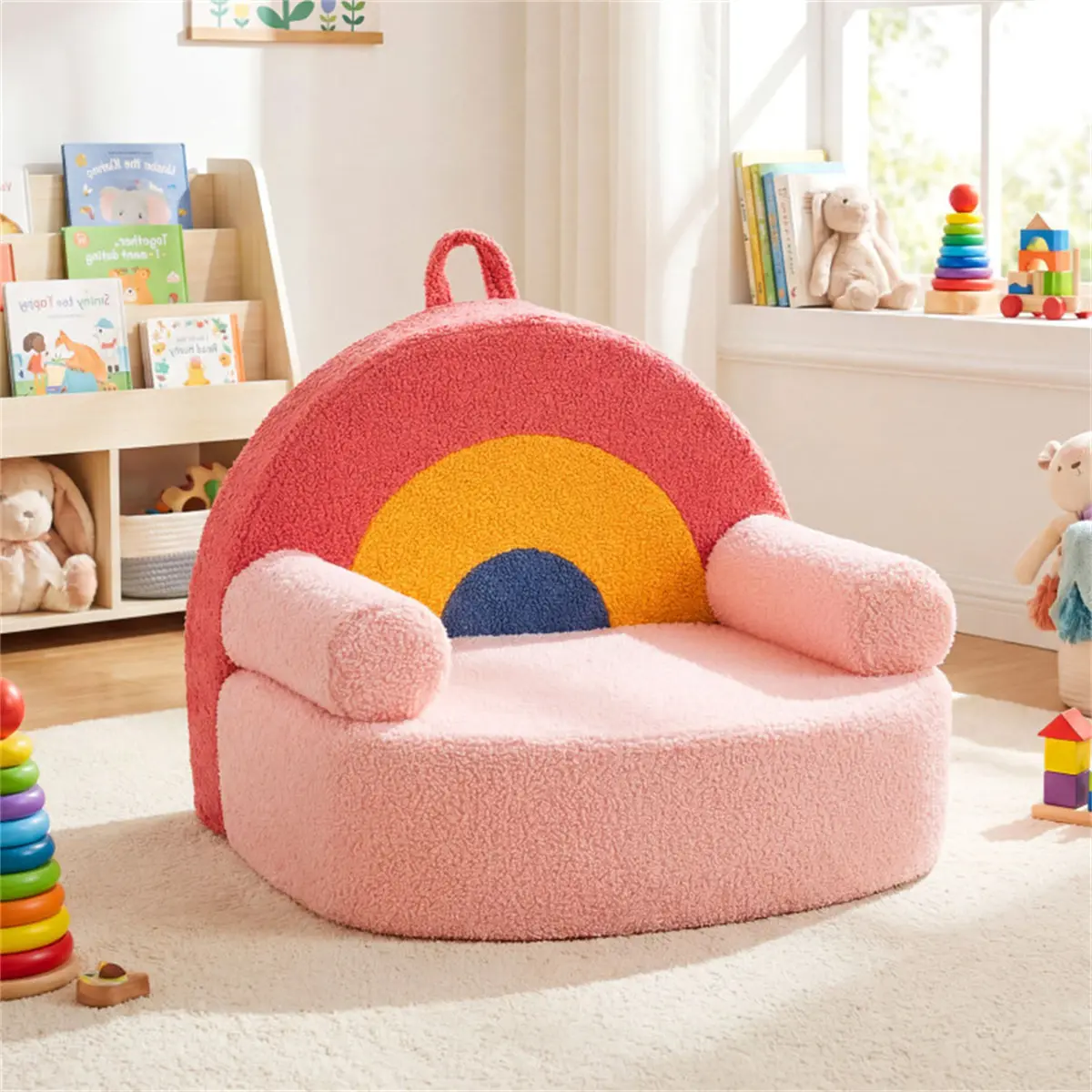 Red Teddy Fleece Kids Sofa with Carry Handle - Soft Foam Armchair, Removable Washable Cover, Cozy Child-Sized Couch for Living Room, Bedroom, Removable Cover