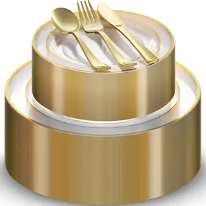 125 Piece Gold Dinnerware Set - 50 Gold Rim Clear, 25 Dinner 25 Dessert, 25, 25, 25 - 25 Guest Disposable Set for Wedding Birthday Parties