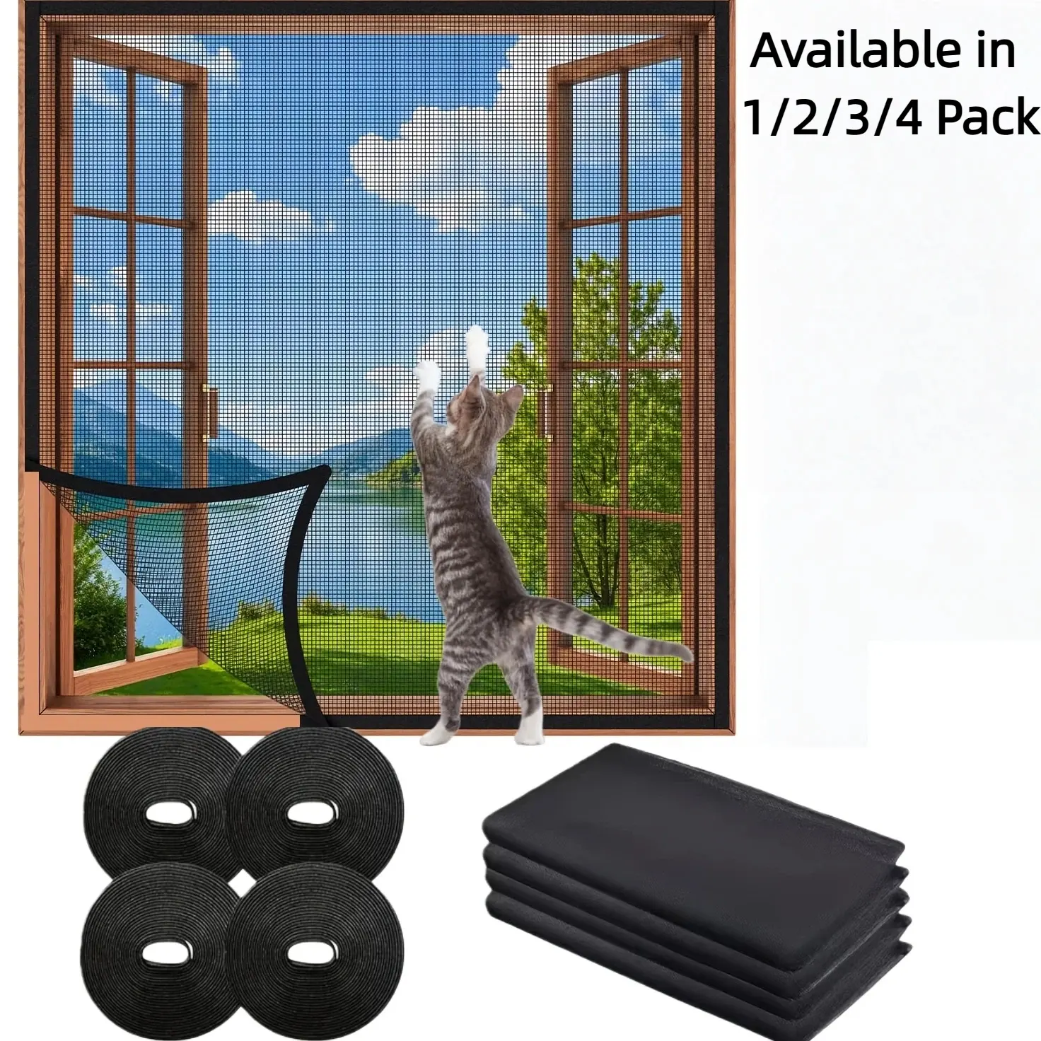 Breathable Polyester Fiber Self-Adhesive Window Screen Mesh Curtain, 130x150cm (51x59in) with Hooks and Sticky Tape, Universal Fit for Balcony, Bedroom Window Types