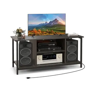 COSTWAY - 3-Tier TV Stand with Power Outlet USB and Adjustable Shelf-Gray
