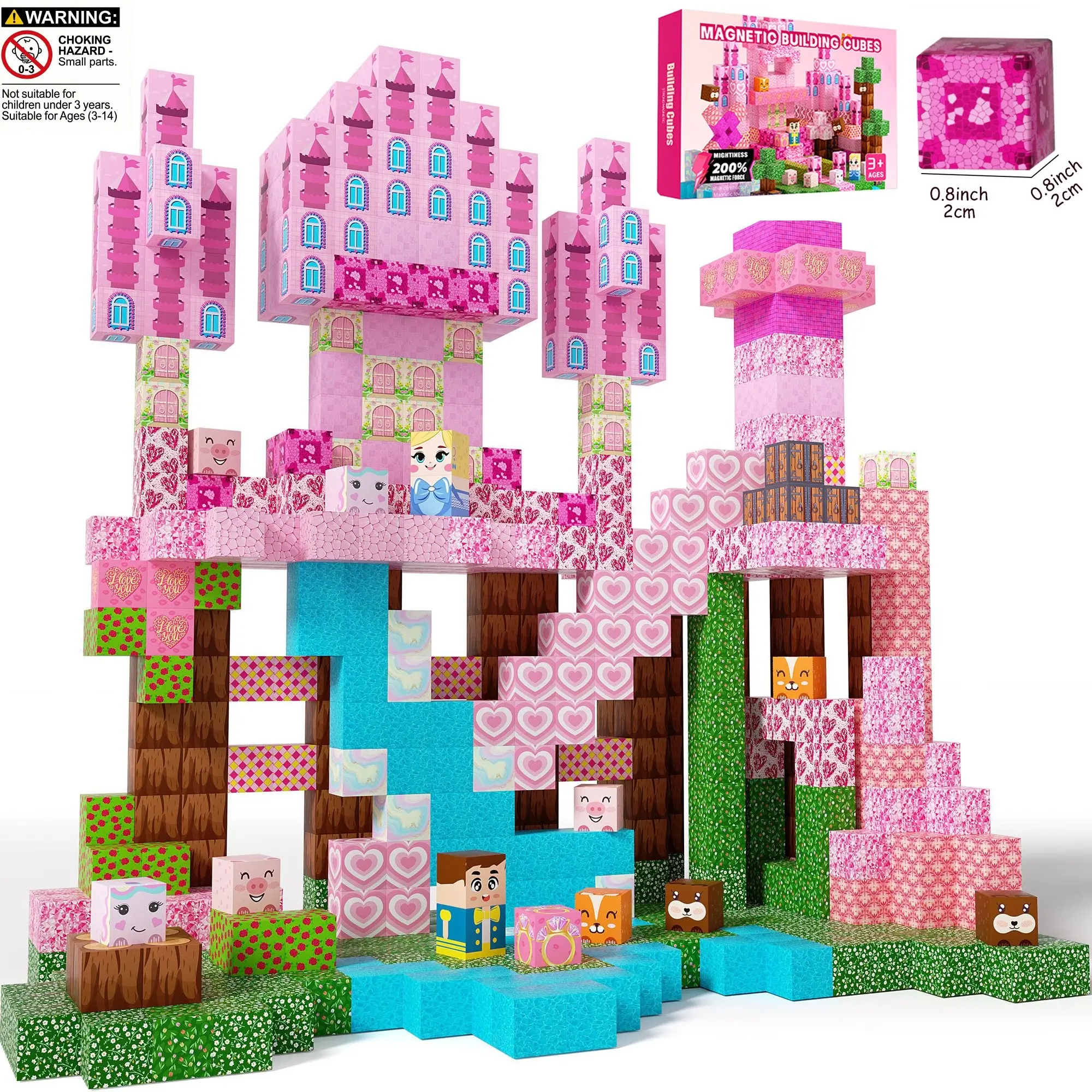 Pink Princess Castle Magnetic Tiles, Magnetic Building Cubes - 200 PCS Magnetic Building Blocks Set, Building Block Kit, STEM & Montessori learning Toys for Kids Ages 3+, set with Storage, Educational Birthday Christmas Gift for Girls
