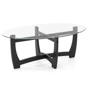 COSTWAY - Oval Coffee Table with Tempered Glass Tabletop and Rubber Wood Legs-Black