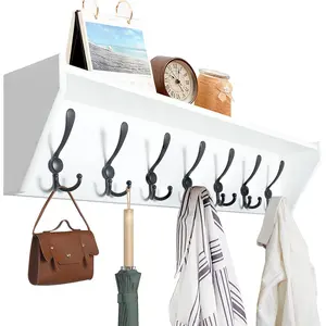 Coat Rack Wall Mount with Shelf,35" Long White Shelf with Hooks Underneath,7 Triple Hooks,Key Rack for Wall,Entryway Shelves for Wall