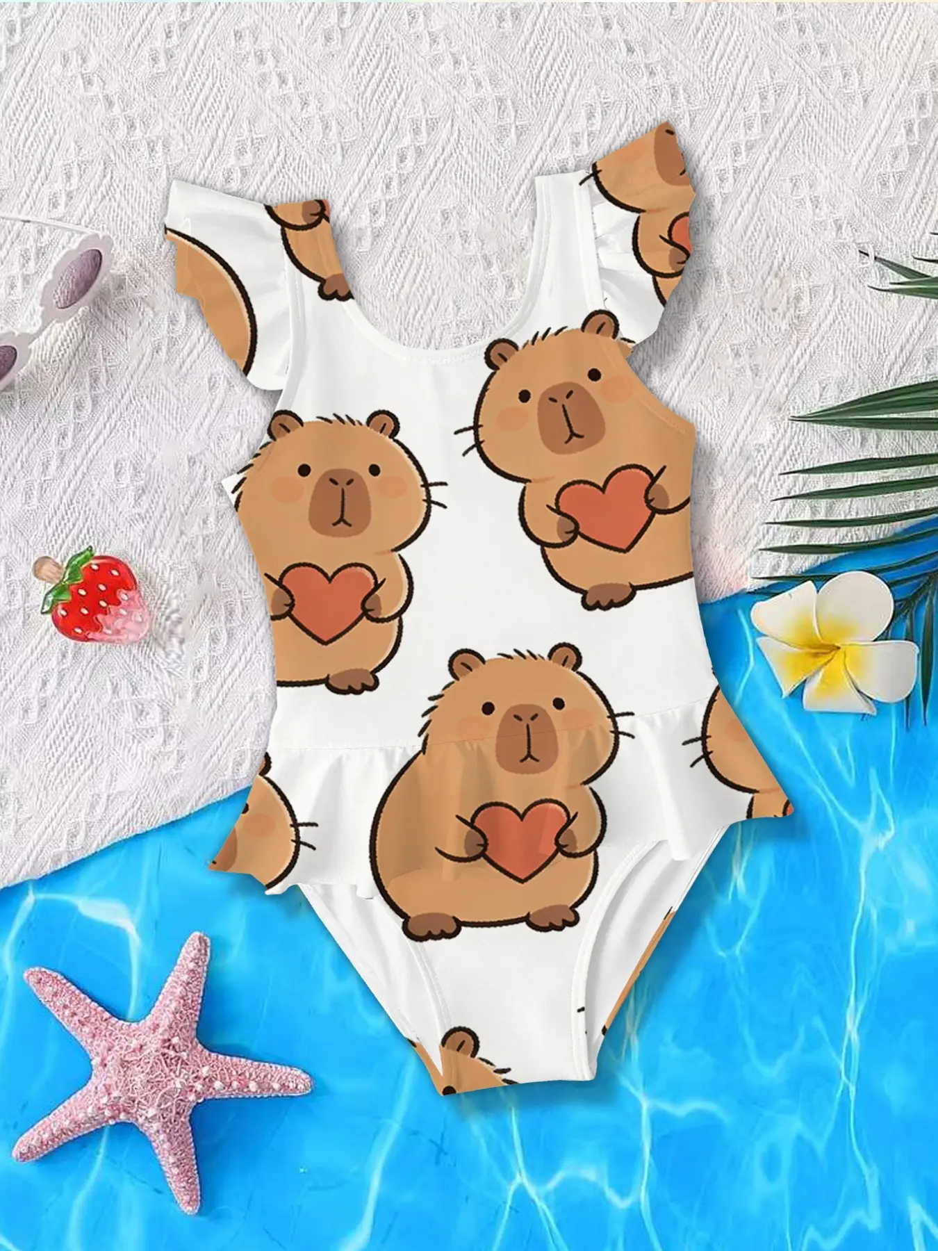 Girls' Cartoon Capybara Pattern Ruffle Trim Swimsuit, Cute One-Piece Summer Swimwear for Vacation, All over Print, Perfect for Little Girls, Patterned Swimsuit
