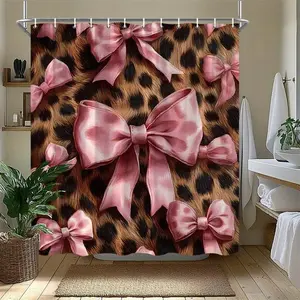1pc Straight Polyester Luxury Leopard Print Shower Curtain with Pink Satin Bows, Tan Leopard Spots & Black Rosettes, Machine Washable Bathroom Decor (Suitable for Garden Bathroom Windows)