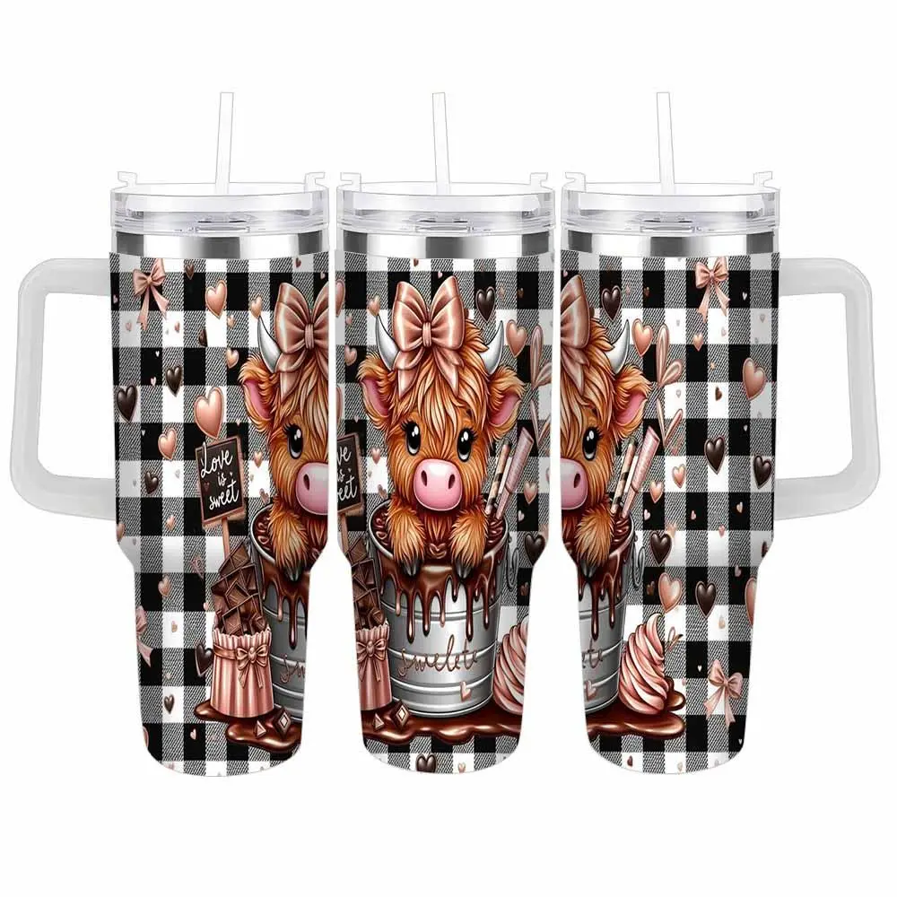 Highland Cow with Bow Insulated Stainless Steel Flask, 20oz/30oz/40oz Portable Drink Tumbler with Cute Chocolate & Hearts Print, Spill-Proof Lid, Easy Grip, Ideal for Valentine's Day Gifts (Cow Lovers, Office Use)