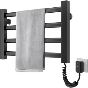 Towel Warmer Heated Towel Rack Wall Mounted Electric Towel Drying 4 Bars Aluminum Heated Racks for Bathroom, Plug-in Bath Towel Heater Matte Black(17.8 x 2.5 x 11.8 inches)