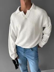 Men's Korean Style Classic Long Sleeve V Neck Pullover Sweater, Casual Fitted Plain Top for Spring & Fall, Trendy Solid Color Knitwear