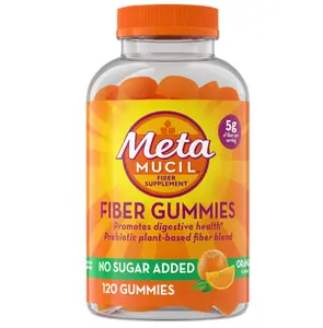 Metamucil Fiber Gummies for Adults, No Sugar Added Orange Flavor, 5g Prebiotic Plant Based Fiber Supplement Blend, 120 Count