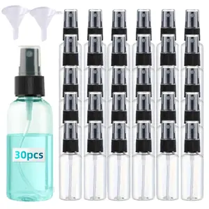 30 Pack 2 oz Fine Mist Mini Clear Spray Bottles with Pump Spray Cap with 2 funnels- for Travel, Perfumes - Refillable & Reusable Empty Plastic Bottles Travel Bottle