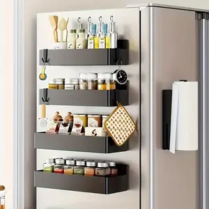 4pcs Magnetic Wall-Mounted Iron Storage Box | Suitable for Refrigerator, Microwave, and Washing Machine - Multi-functional Kitchen Storage Box with Magnetic Side Spice Holder, No Drilling or Adhesive Required, Removable Shelf, Classic Style