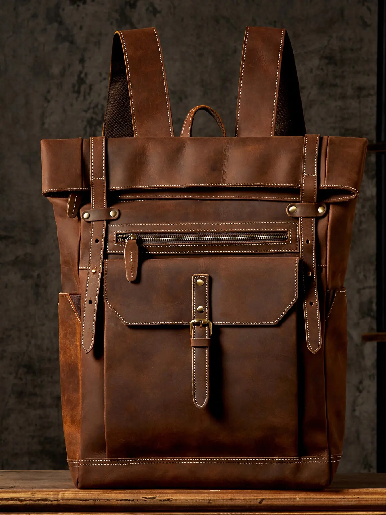 Men's Leather Laptop Backpack, Casual Travel Bag, Large Capacity Computer Shoulder Bag, Trendy European Style Motorcycle Pack