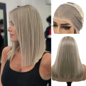220% Highlight Ash Blonde Wig Human Hair Pre Plucked Pre Cut Ombre Balayage Ash Brown Short Bob Straight Soft 13x4 UHD Lace Front Real Human Hair Wigs For Women