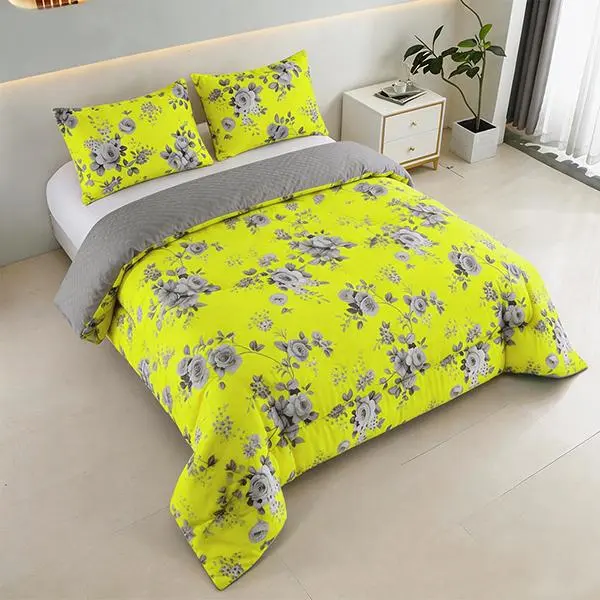 2-3pcs Vibrant Yellow Floral Bed Sets, Soft Microfiber Queen Comforter Set with Grey Rose Print, 1 Comforter + 1-2 Pillowcases, All-Season Bedding for Bedroom, Guest Room