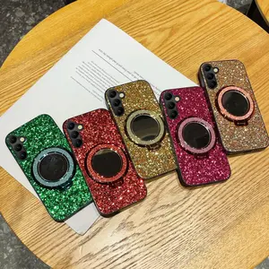 Luxurious colorful shiny artificial rhinestone leather hard phone case for Samsung Galaxy S26 S25 S24 S23 S22 Plus Ultra FE shiny mirror magnetic stand shockproof back cover