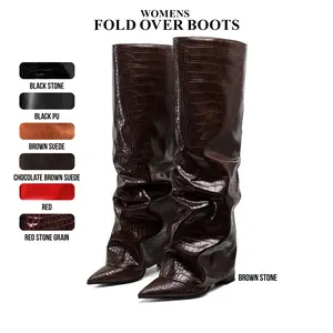 CYNLLIO Knee High Boots for Women Elegant Pointed Toe Chunky Block Heel Fold Over Slouchy Boot Pull On Trendy Fashionable Tall Shark Boot Spring Shoes for Women