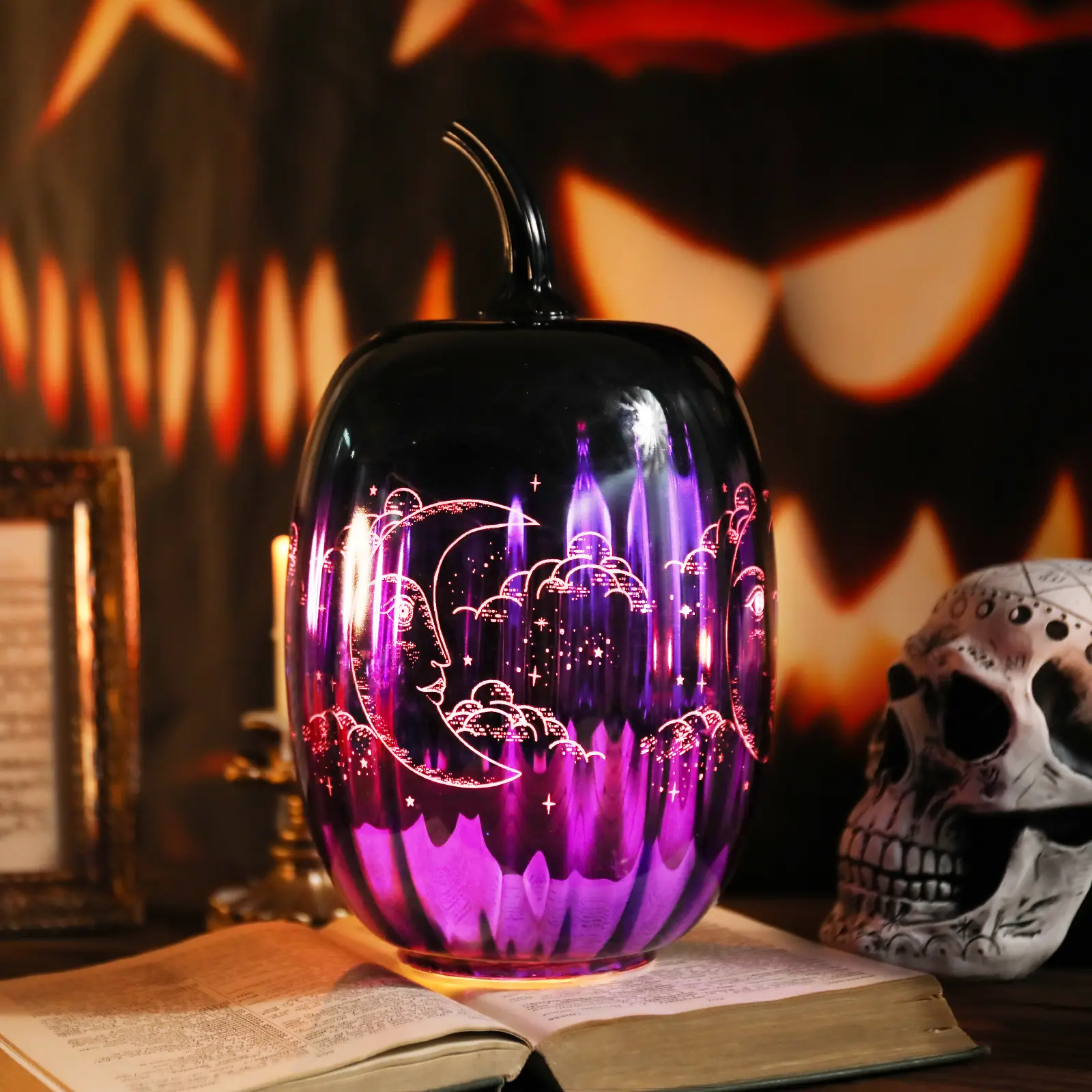 MUMTOP Basic LED-Lit Glass Pumpkin Party Decor - Purple & Black Spooky Round Jack-O-Lantern with Stars & Moon Engravings, On-Off Switch, Indoor Halloween Decorations for Room Decor Lighting