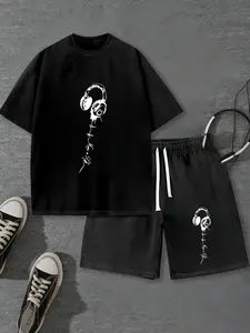 Headphone Print Retro Washed Women's Two-Piece Set T-Shirt and Shorts, Suitable for Daily Outings, Couples Outfits, Party OOTD, Watching Games, Fashion Trend, Machine Washable, Fast Shipping from Local Warehouse, Ideal Choice for Perfect Holiday Gifts