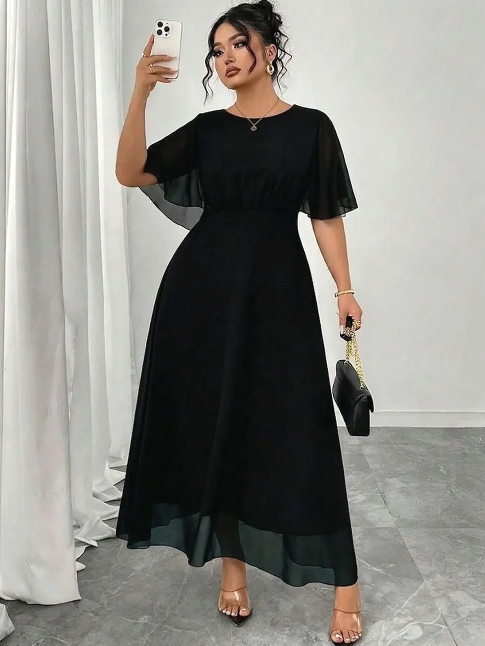 Plus Size Women Elegant Round Neck Ruffle Flare Sleeve Fitted Flowy Maxi Chiffon Dress, Spring/Summer