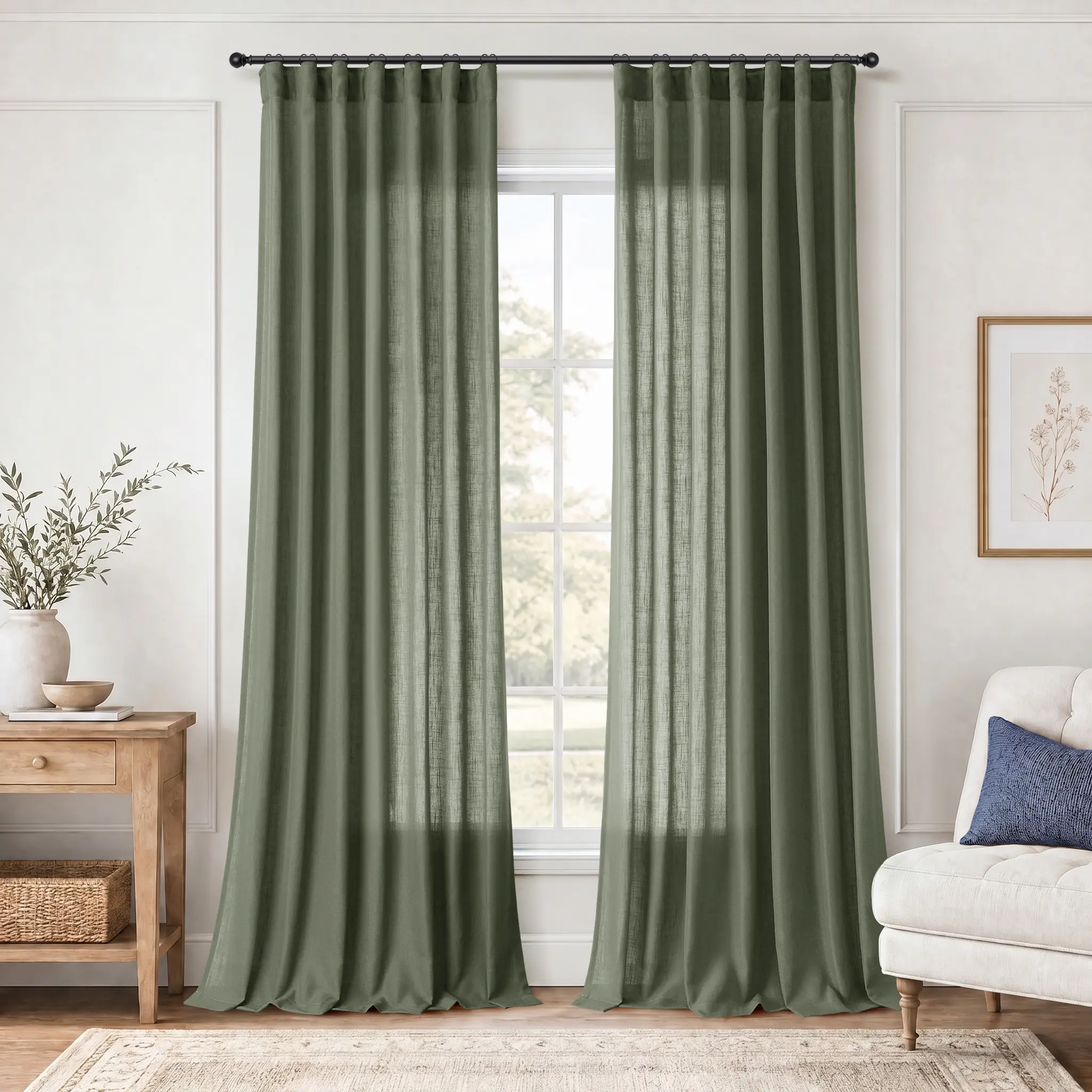 Jowels Linen Curtains 2 Panels for Living Room Light Filtering Sheer Curtain , Back Tab Pleated with Hooks, Privacy Window Drapes for Bedroom, Boho Farmhouse