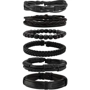 6 count Punk Braided Leather Bracelets for Men Women Cuff Wrap Wristbands Adjustable