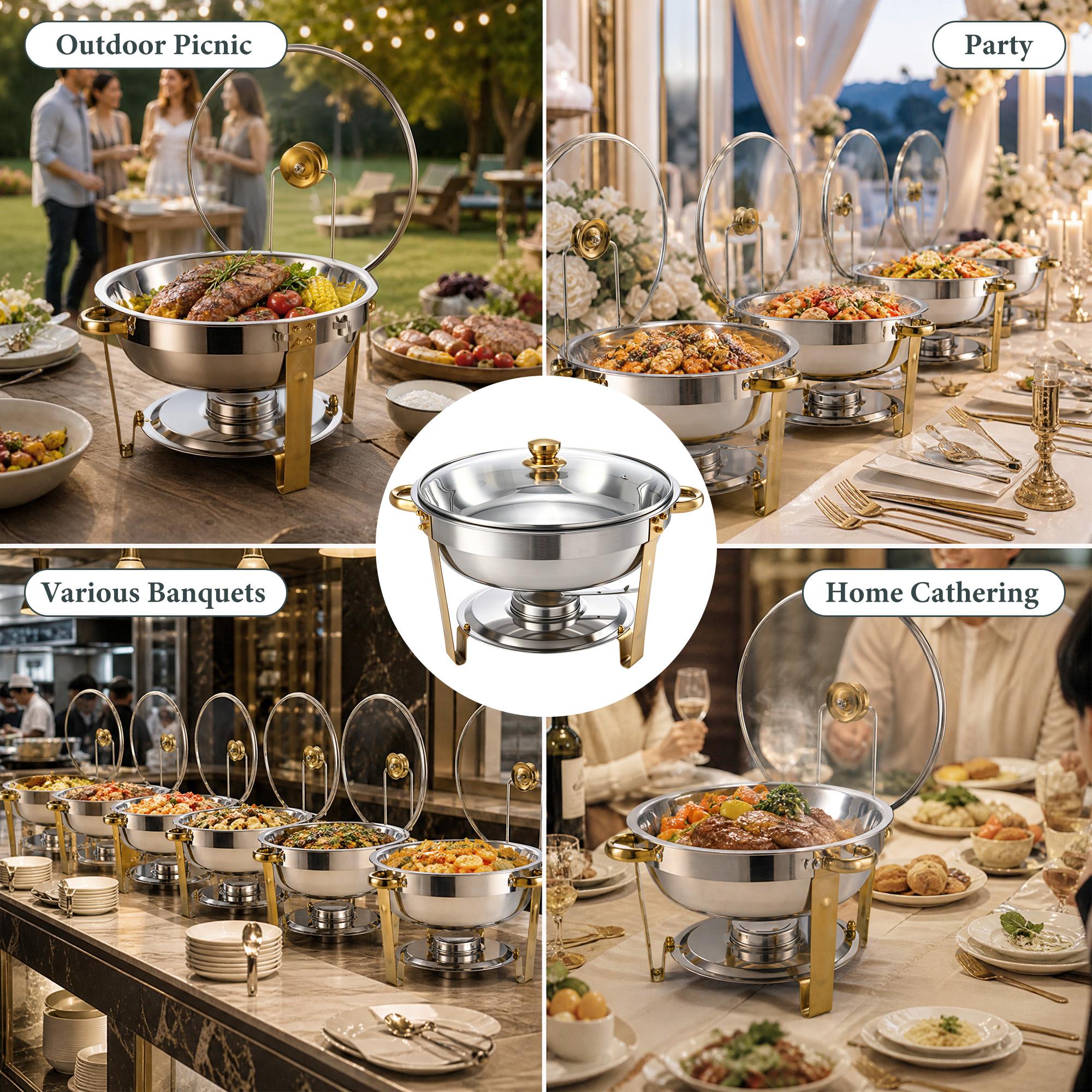 4-Pack Round Chafing Dish Buffet Bakeware Set - Stainless Steel Body with Gold Accents, Glass Lid, Lid Holder; Keeps Food Hot or Cold, Ideal for Catering Events, Family Parties