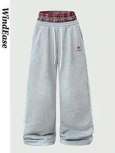 Men's Retro Fake Two-Piece Plaid Waistband Sweatpants, Casual Comfy Sporty Oversized Wide Leg Joggers, Y2K Streetwear Pants for Urban