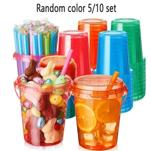 5/10 Pack 34oz Disposable Plastic Cups with Lids and Straws, Soft Tone Ice Coffee Cups, Disposable Tableware, Party Supplies for Beach and Pool Parties