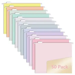 50pcs Hanging File Folders, Pastel Color Design,Letter Size with 1/5 Adjustable Cut Tabs, Assorted 12 Styles,Decorative,Drawer,Desk and Cabinet Use